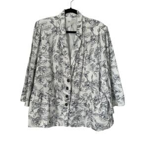 Cato Blazer Jacket Womens 22/24W White Black Floral Linen Blend Peplum Cottage
